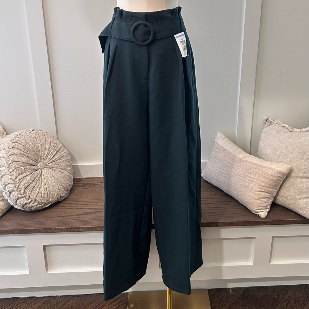 Adrianna Papell Solid Woven Wide Leg Green Trousers With Belt NWT Size 12